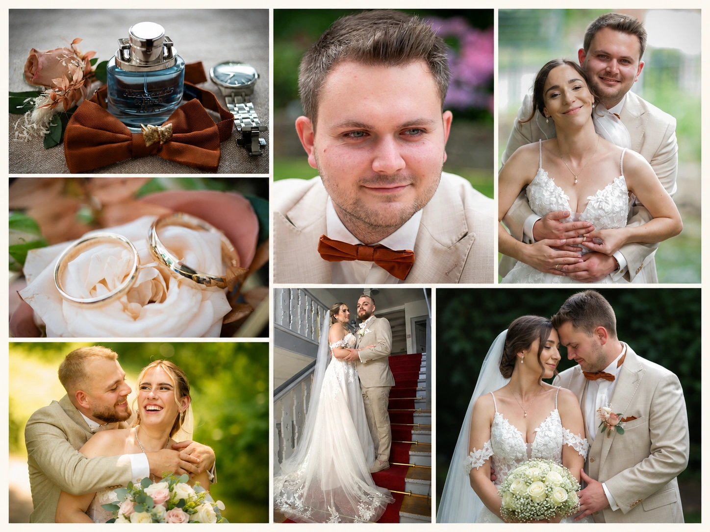 Hochzeitsfoto-Collage mit Ringdetails, Portraits und Brautpaarmomenten von Graf-Video